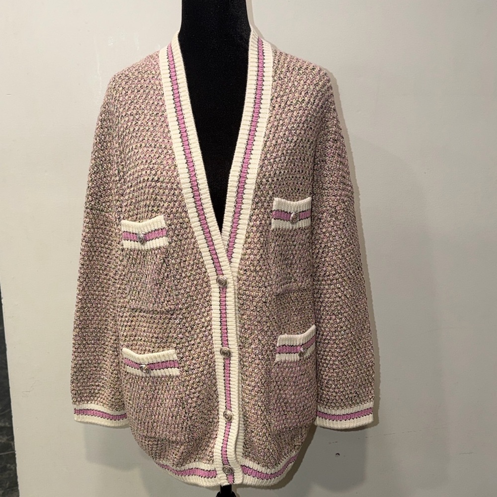 Maje Taupe and Cream Cardigan Sweater